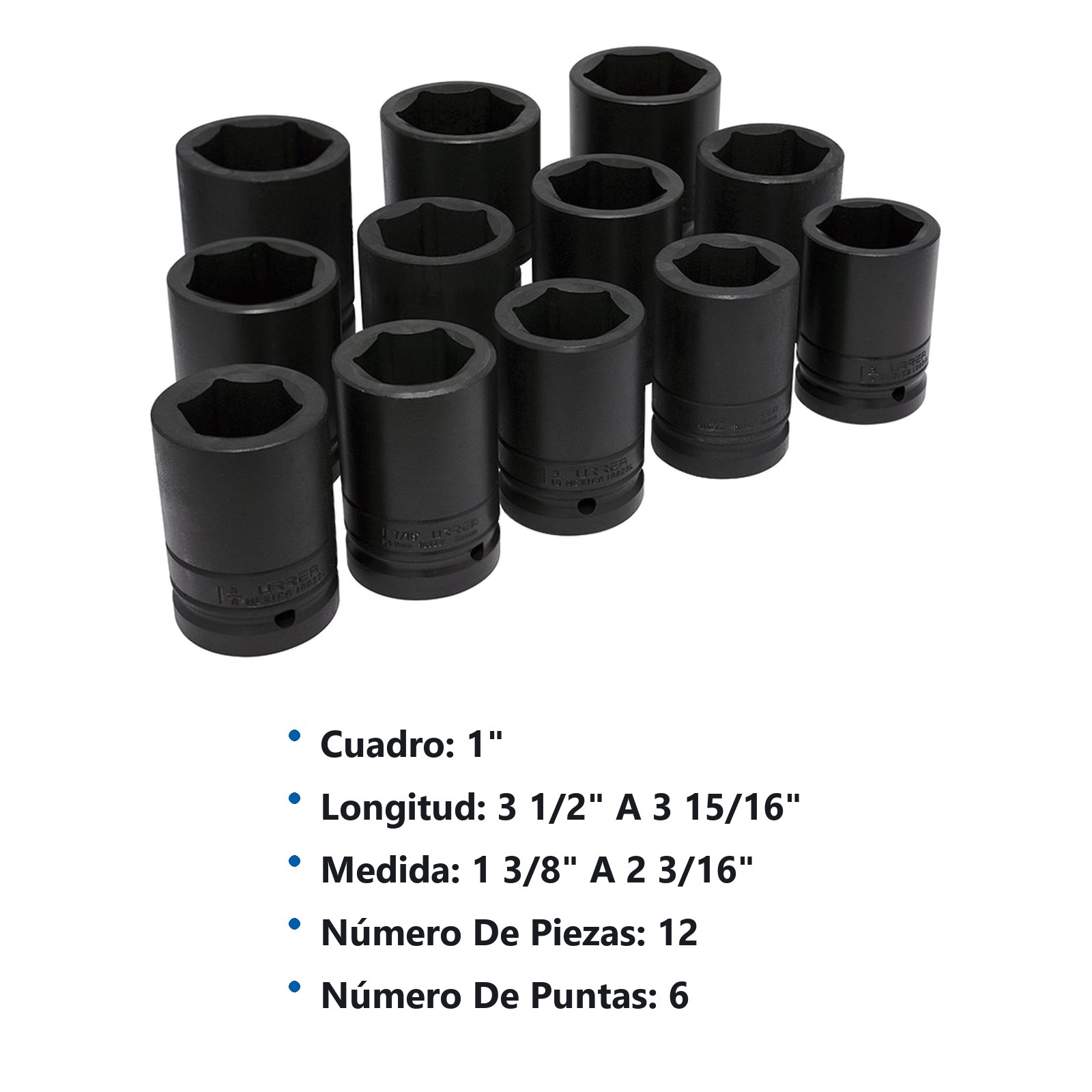 Juego de dados largos de impacto cuadro de 1", 6 puntas, en pulgadas, 12 piezas Urrea - Imagen 2