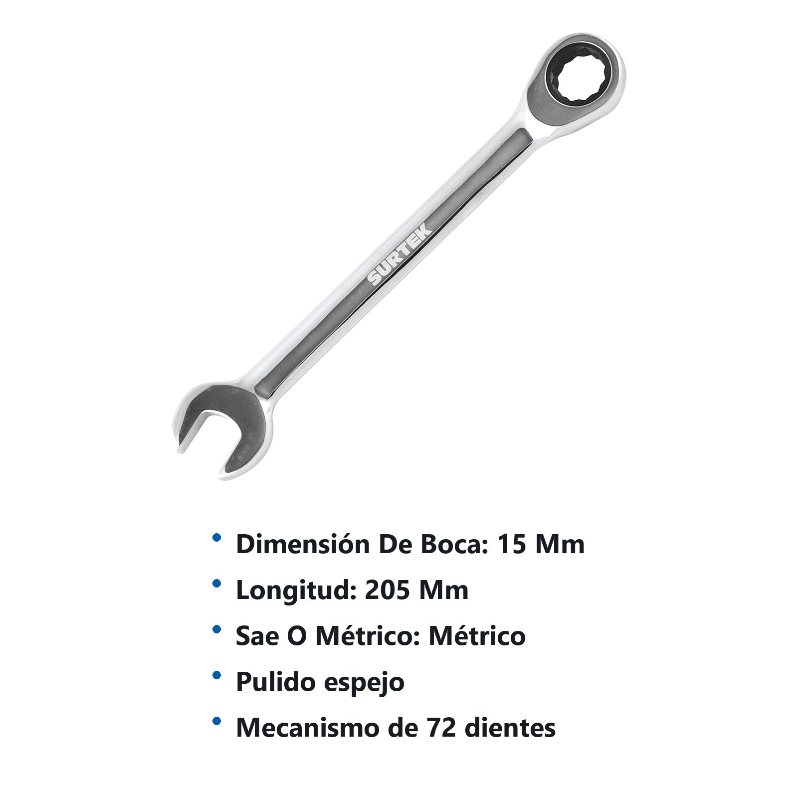 Llave combinada pulido espejo de matraca métrica, 12 puntas, 15mm Surtek - Imagen 3