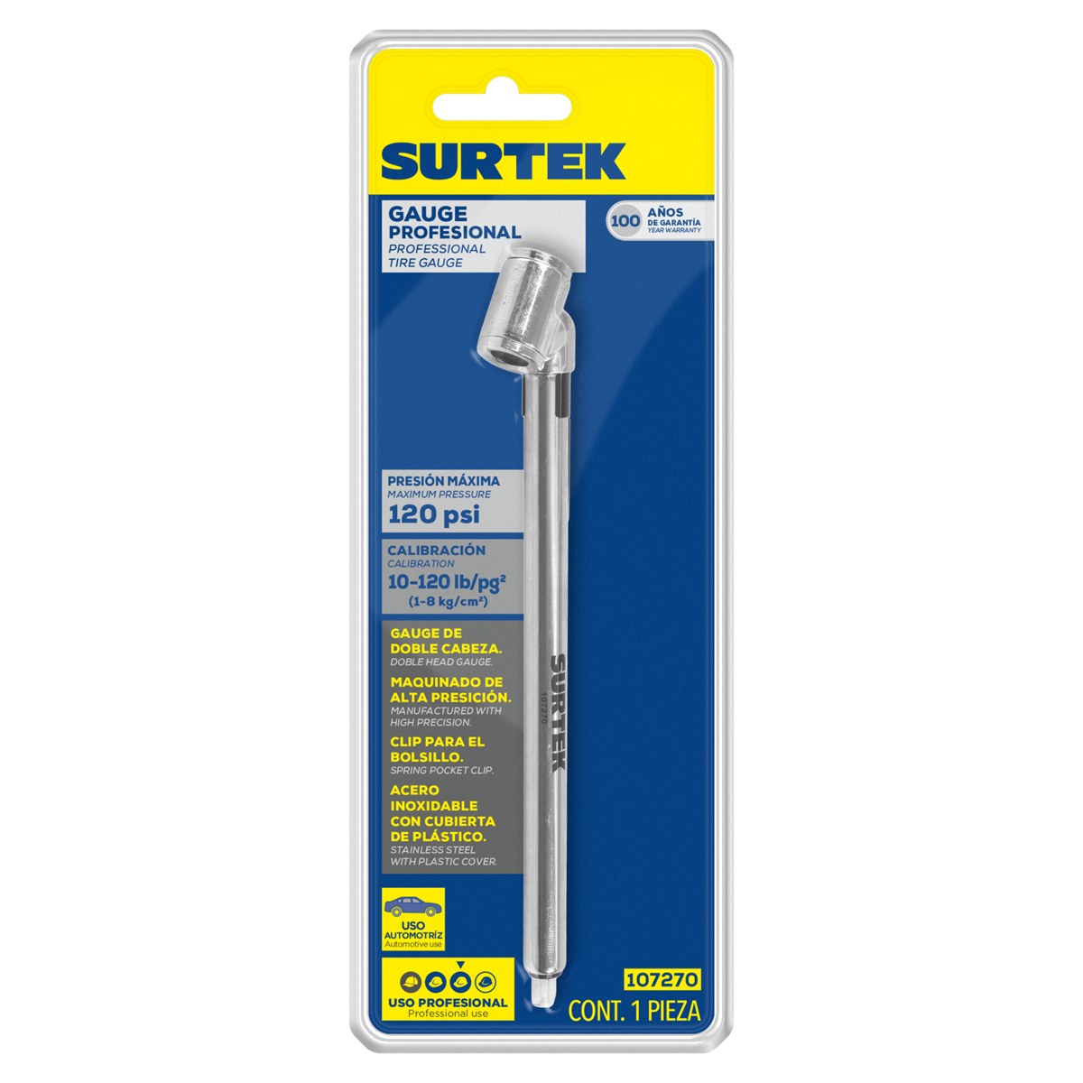 Gauge tipo lápiz de doble cabeza 120 PSI, 20.50 cm Surtek - Imagen 2