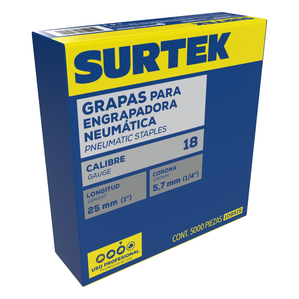Grapas para engrapadora neumática calibre 18, corona 1/4", largo 1", 5000 piezas Surtek - Imagen 2
