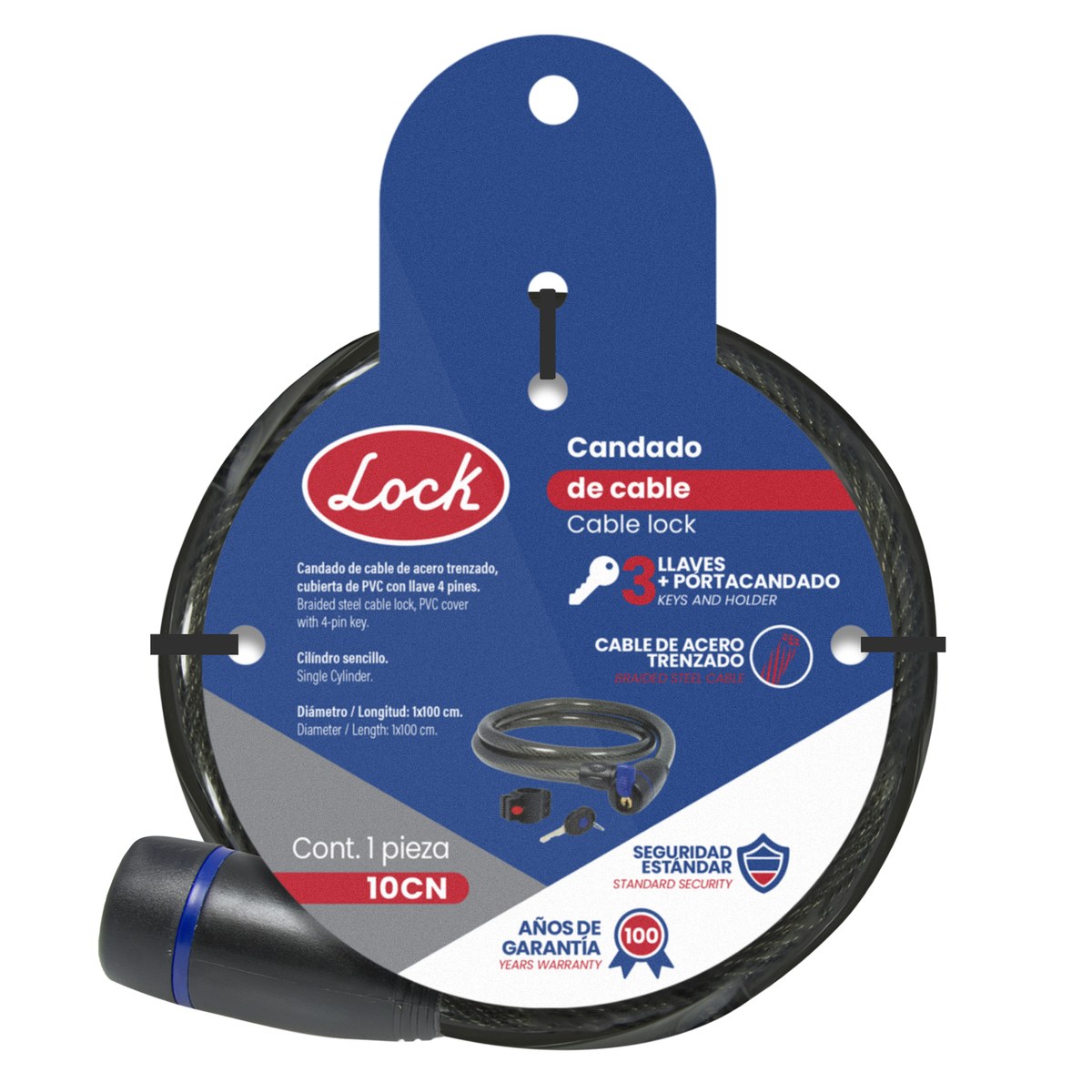 Candado de cable con llave estándar 1 cm x 100 m Lock - Imagen 2