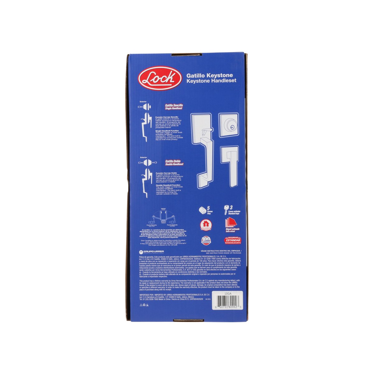 Gatillo rectangular sólido para entrada función sencilla, níquel satinado, visual Lock - Imagen 4