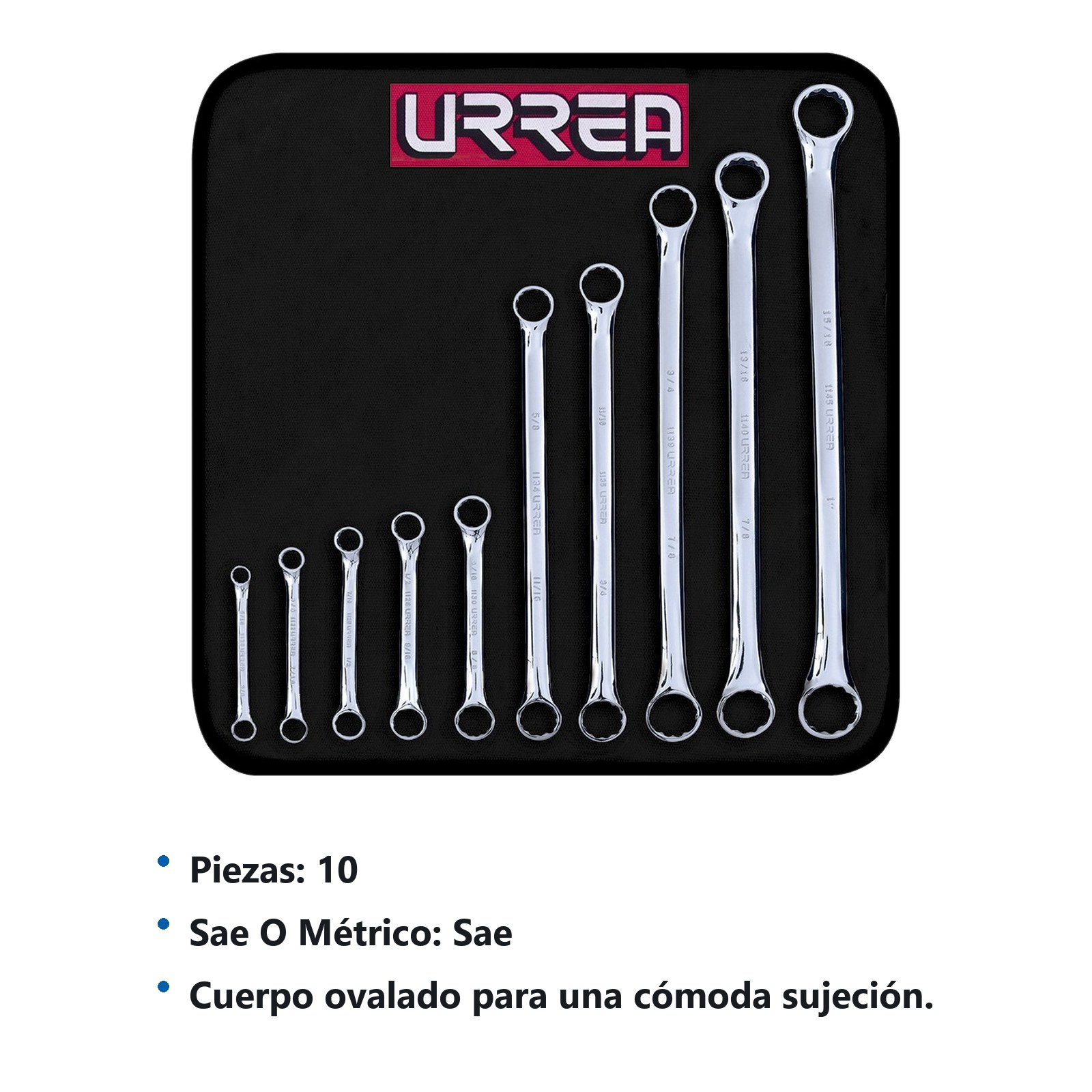 Juego de llaves de estrías pulido espejo de 15° en pulgadas, 12 puntas, 10 pz en estuche Urrea - Imagen 3