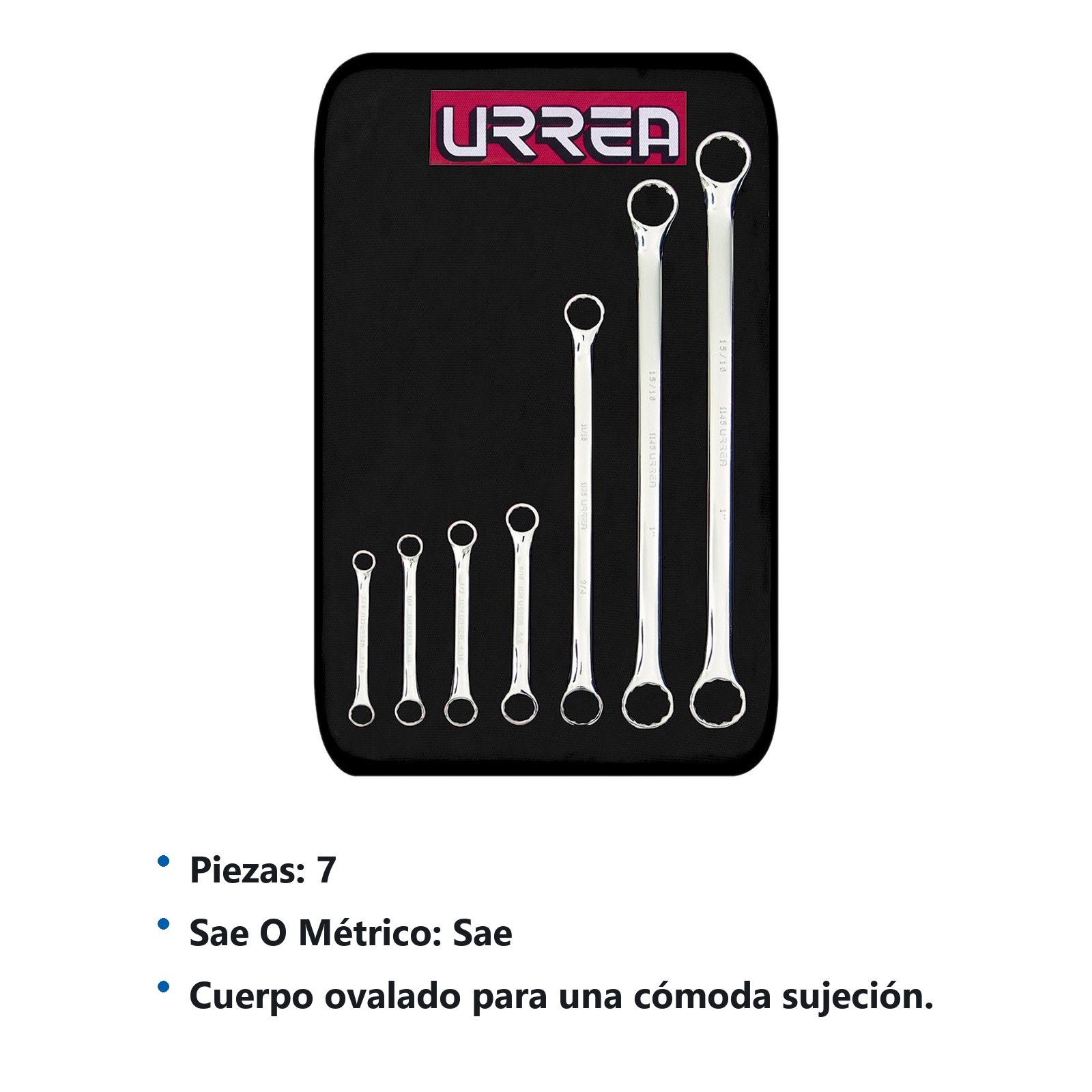 Juego de llaves de estrías pulido espejo de 15° en pulgadas, 12 puntas, 7 pz en estuche Urrea - Imagen 3
