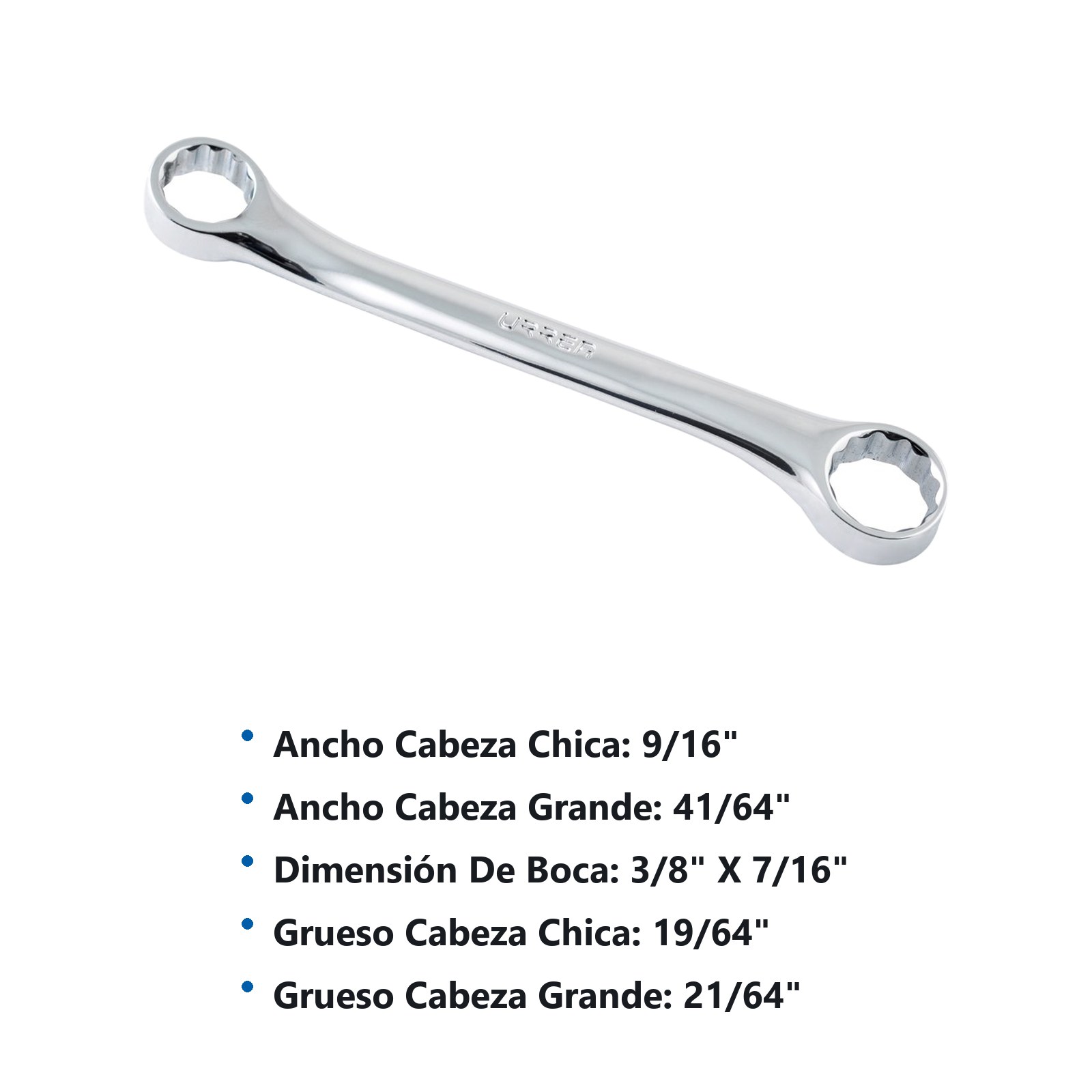 Llave de estrías pulido espejo de 15° en pulgadas, 12 puntas, 3/8" x 7/16" Urrea - Imagen 3