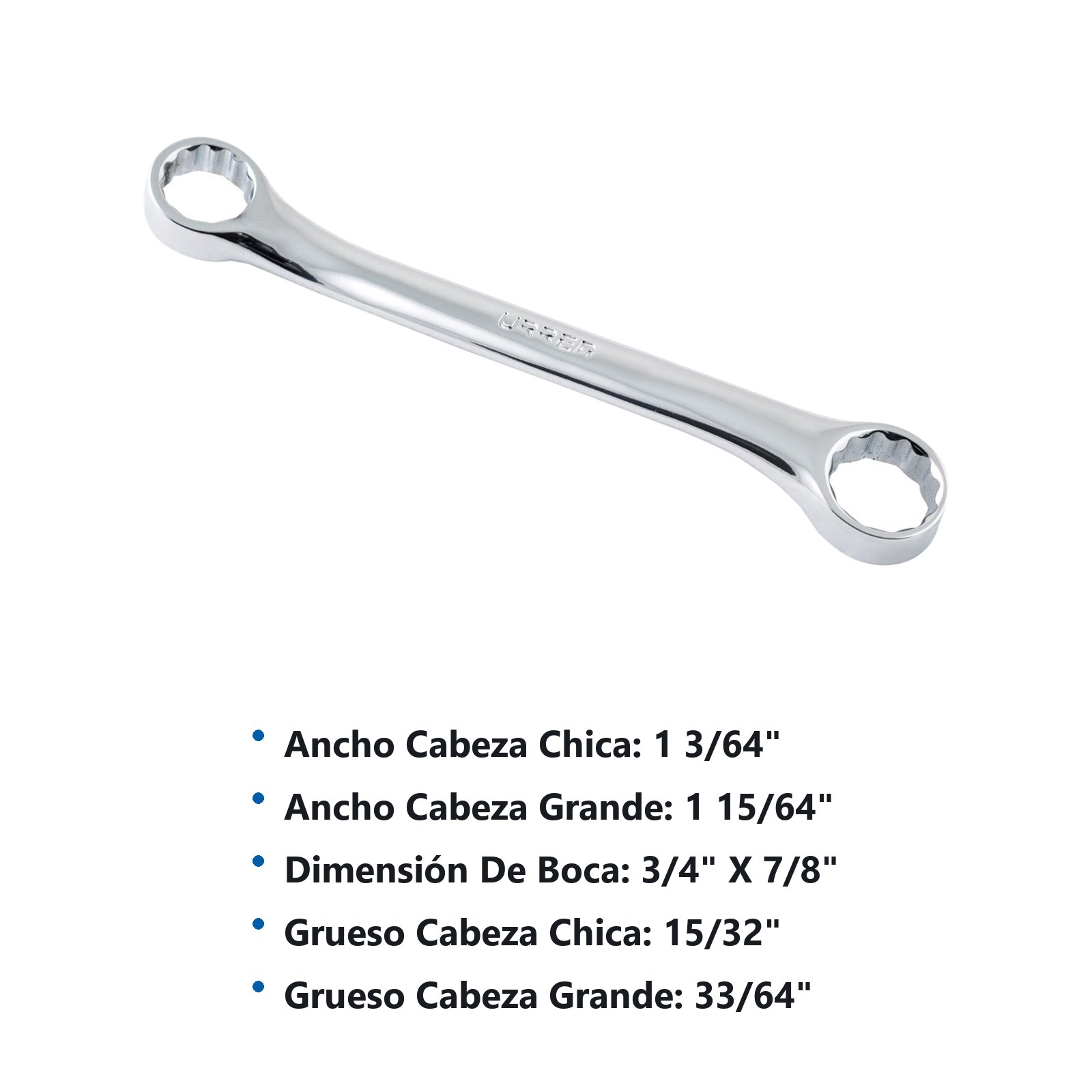 Llave de estrías pulido espejo de 15° en pulgadas, 12 puntas, 3/4" x 7/8" Urrea - Imagen 3