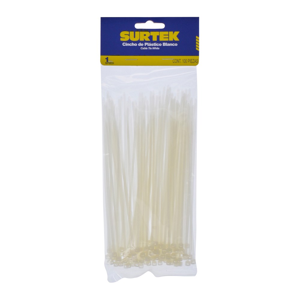 Cinchos plásticos 100 x 2.5 mm, tensión 8 kg de 100 piezas, color natural Surtek