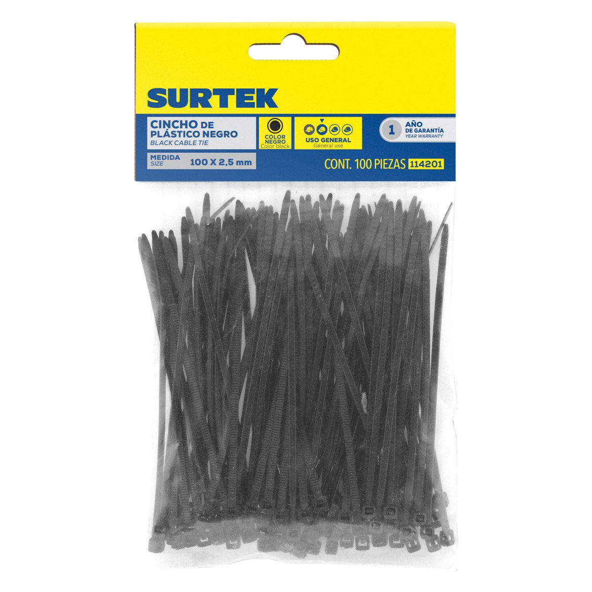 Cinchos plásticos 100 x 2.5 mm, tensión 8 kg de 100 piezas, color negro Surtek - Imagen 2