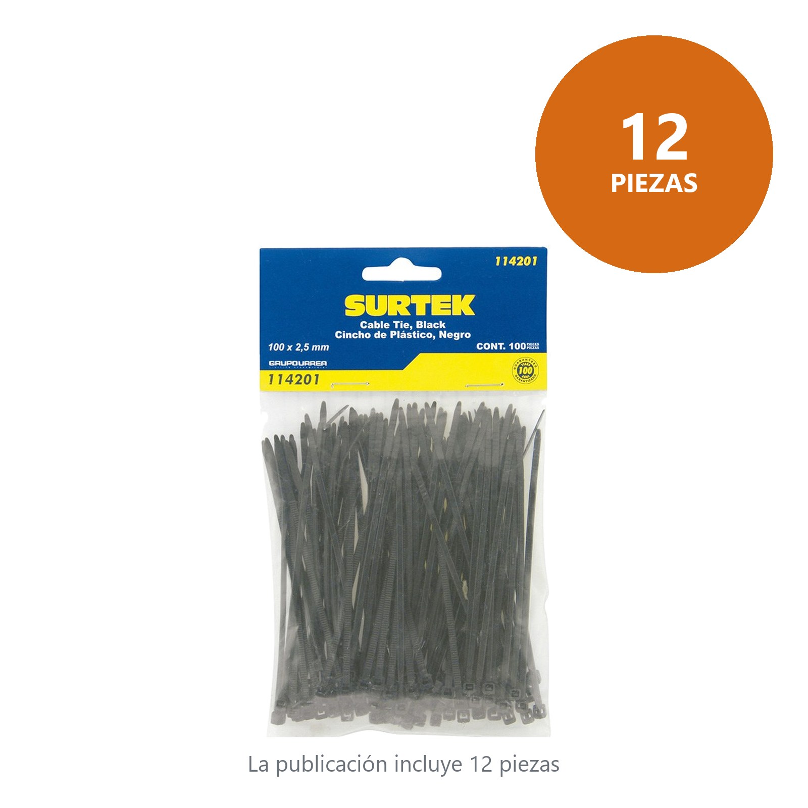 Cinchos plásticos 100 x 2.5 mm, tensión 8 kg de 100 piezas, color negro Surtek - Imagen 3