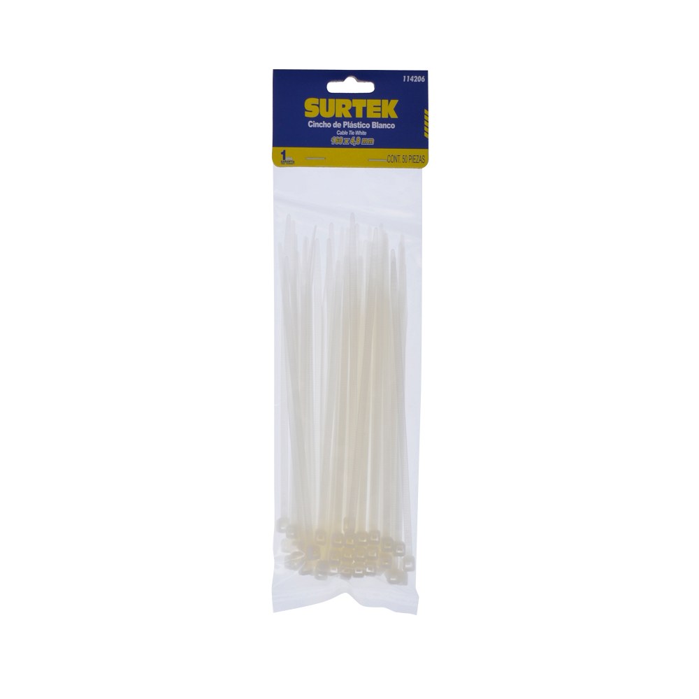 Cinchos plásticos 160 x 4.8 mm, tensión 27 kg de 50 piezas, color natural Surtek