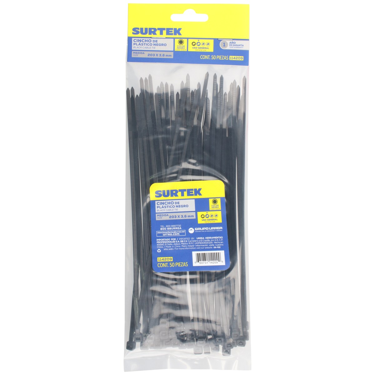 Cinchos plásticos 203 x 3.6 mm, tensión 18 kg de 50 piezas, color negro Surtek - Imagen 2