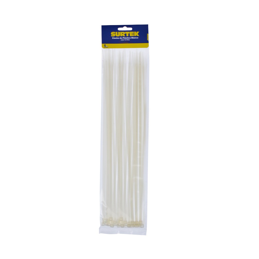 Cinchos plásticos 300 x 4.6 mm, tensión 22 kg de 50 piezas, color blanco Surtek