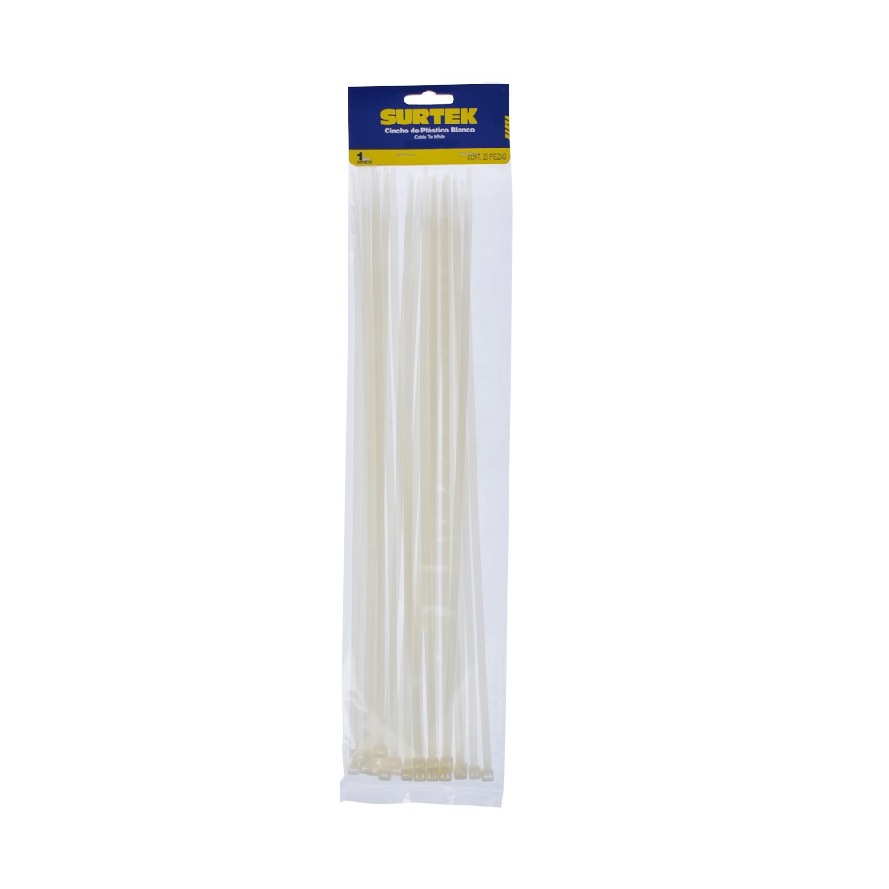 Cinchos plásticos 368 x 4.6 mm, tensión 22 kg de 25 piezas, color blanco Surtek