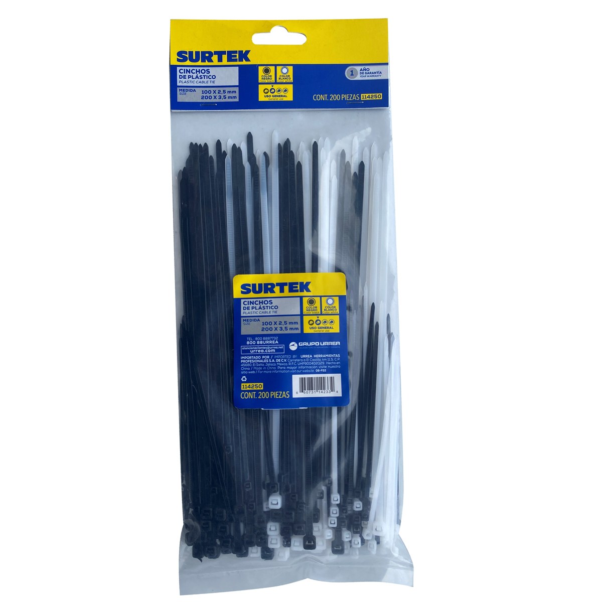 Cinchos de plásticos combinados en bolsa, tensión 8kg de 200 piezas, color natural y negro Surtek