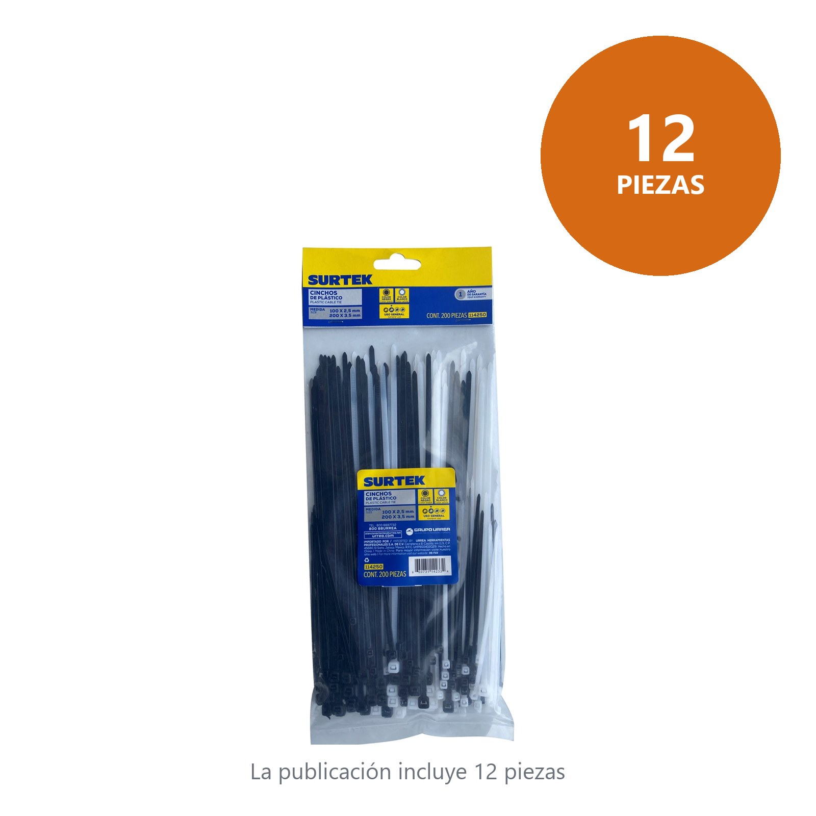 Cinchos de plásticos combinados en bolsa, tensión 8kg de 200 piezas, color natural y negro Surtek - Imagen 3