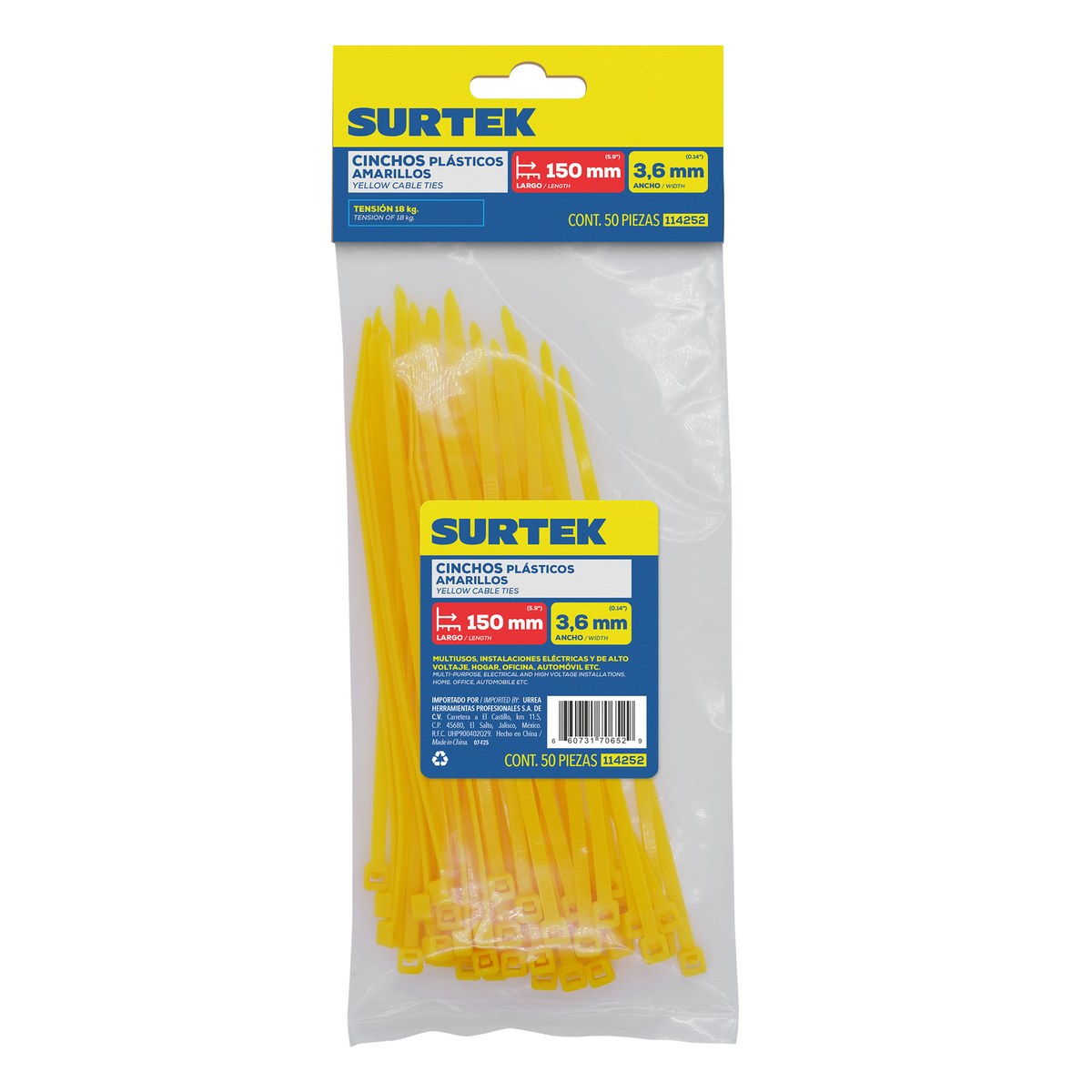 Cinchos plásticos 150 x 3.6 mm, tensión 18 kg de 50 piezas, color amarillo Surtek - Imagen 3
