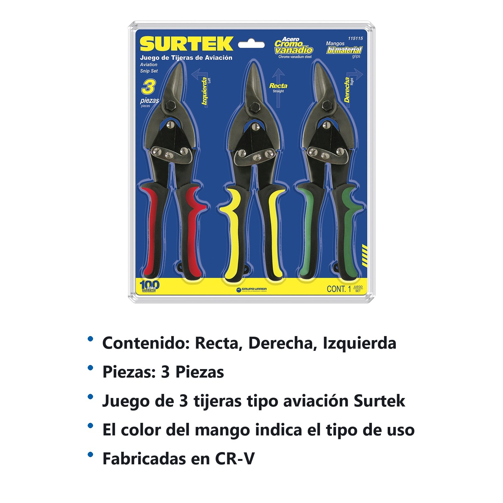 Juego para hojalatero de tijeras tipo aviación, 3 piezas Surtek - Imagen 3