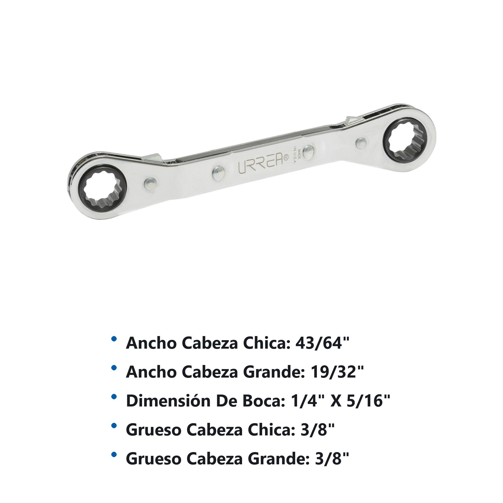Llave de estrías pulido espejo acodada de matraca en pulgadas, 12 puntas, 1/4" x 5/16" Urrea - Imagen 3