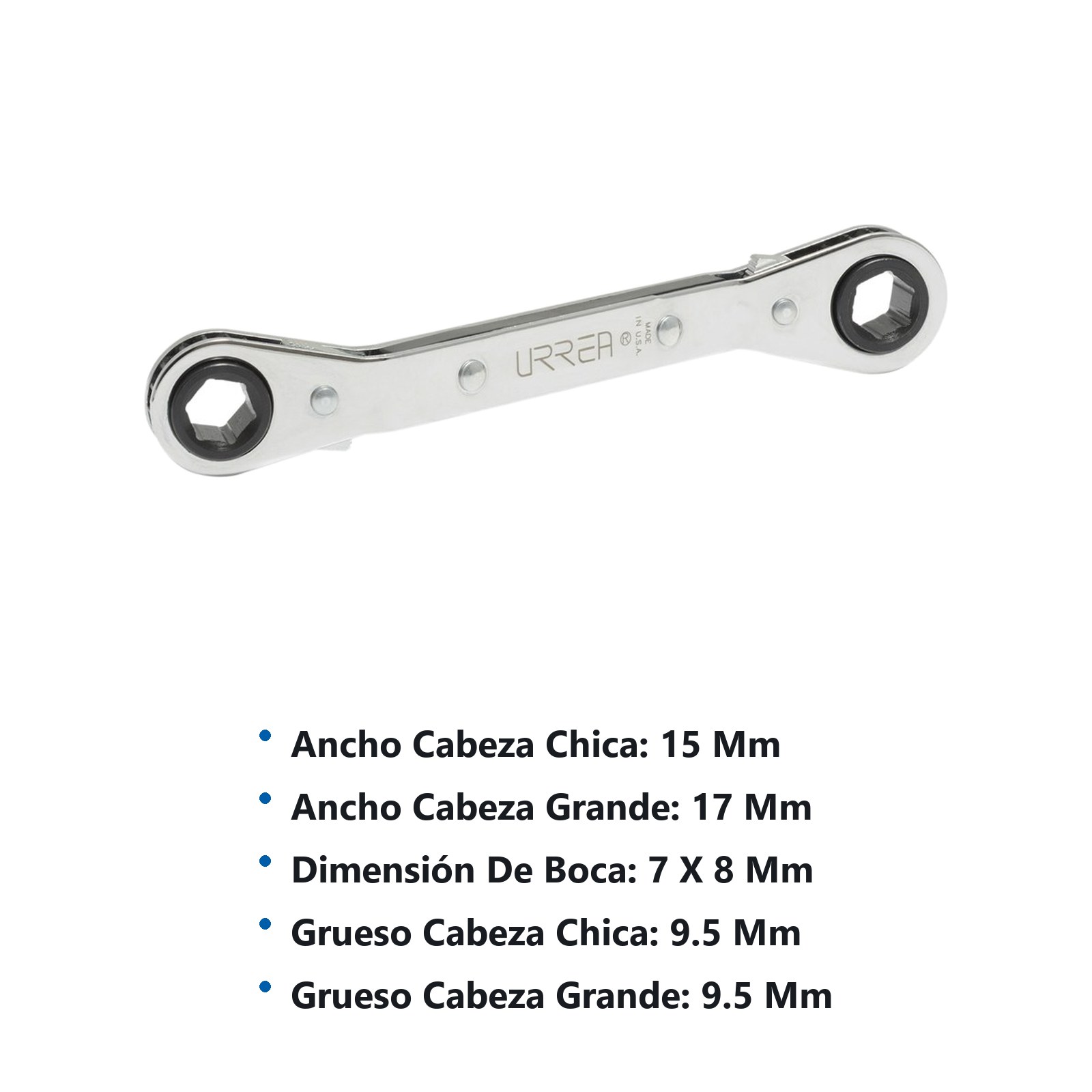 Llave de estrías pulido espejo acodada de matraca métrica, 6 puntas, 7 x 8 mm Urrea - Imagen 3
