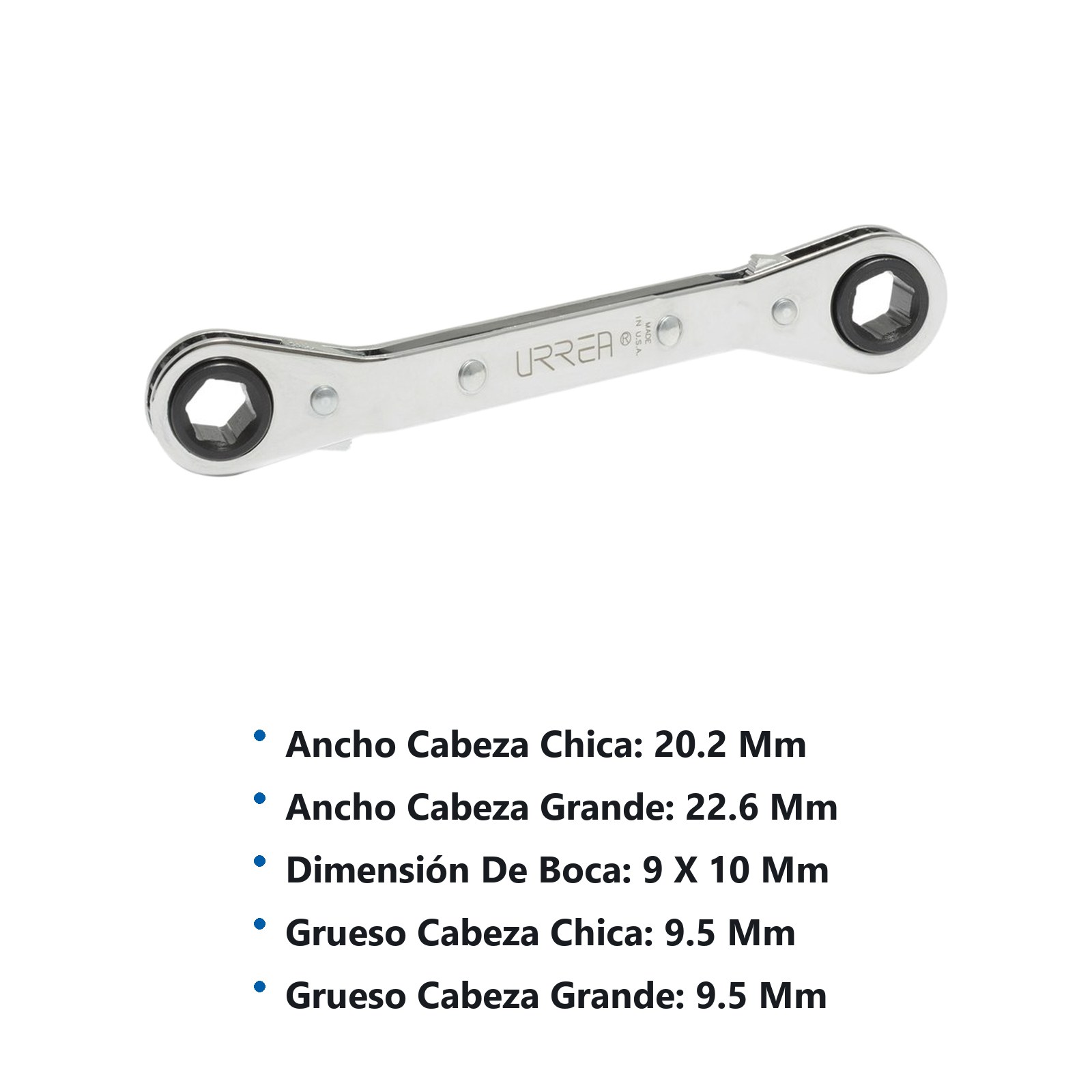 Llave de estrías pulido espejo acodada de matraca métrica, 6 puntas, 9 x 10 mm Urrea - Imagen 3