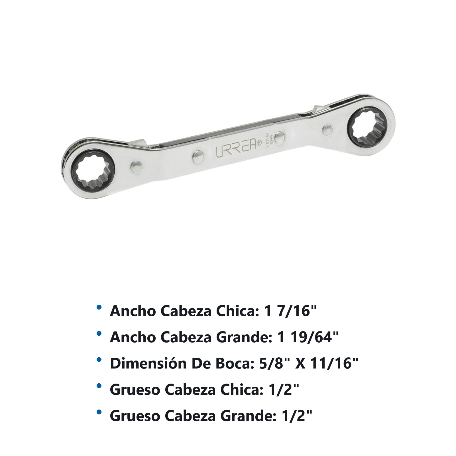 Llave de estrías pulido espejo acodada de matraca en pulgadas, 12 puntas, 5/8" x 11/16" Urrea - Imagen 3
