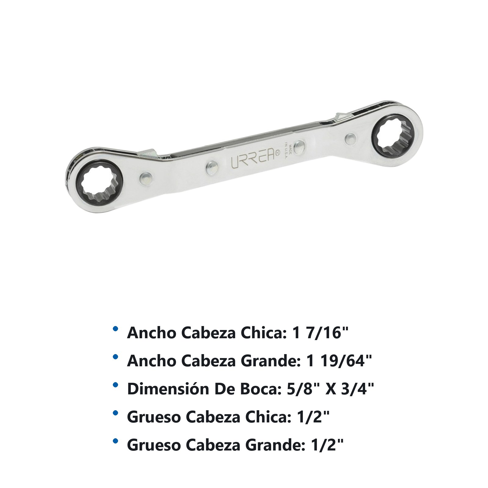 Llave de estrías pulido espejo acodada de matraca en pulgadas, 12 puntas, 5/8" x 3/4" Urrea - Imagen 3