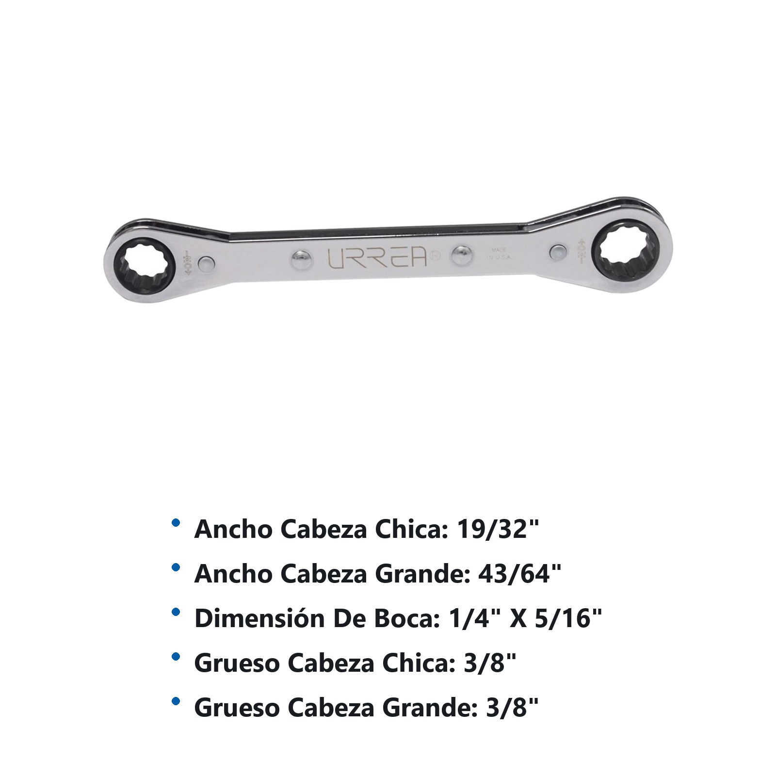 Llave de estrías pulido espejo plana de matraca en pulgadas, 12 puntas, 1/4" x 5/16" Urrea - Imagen 3