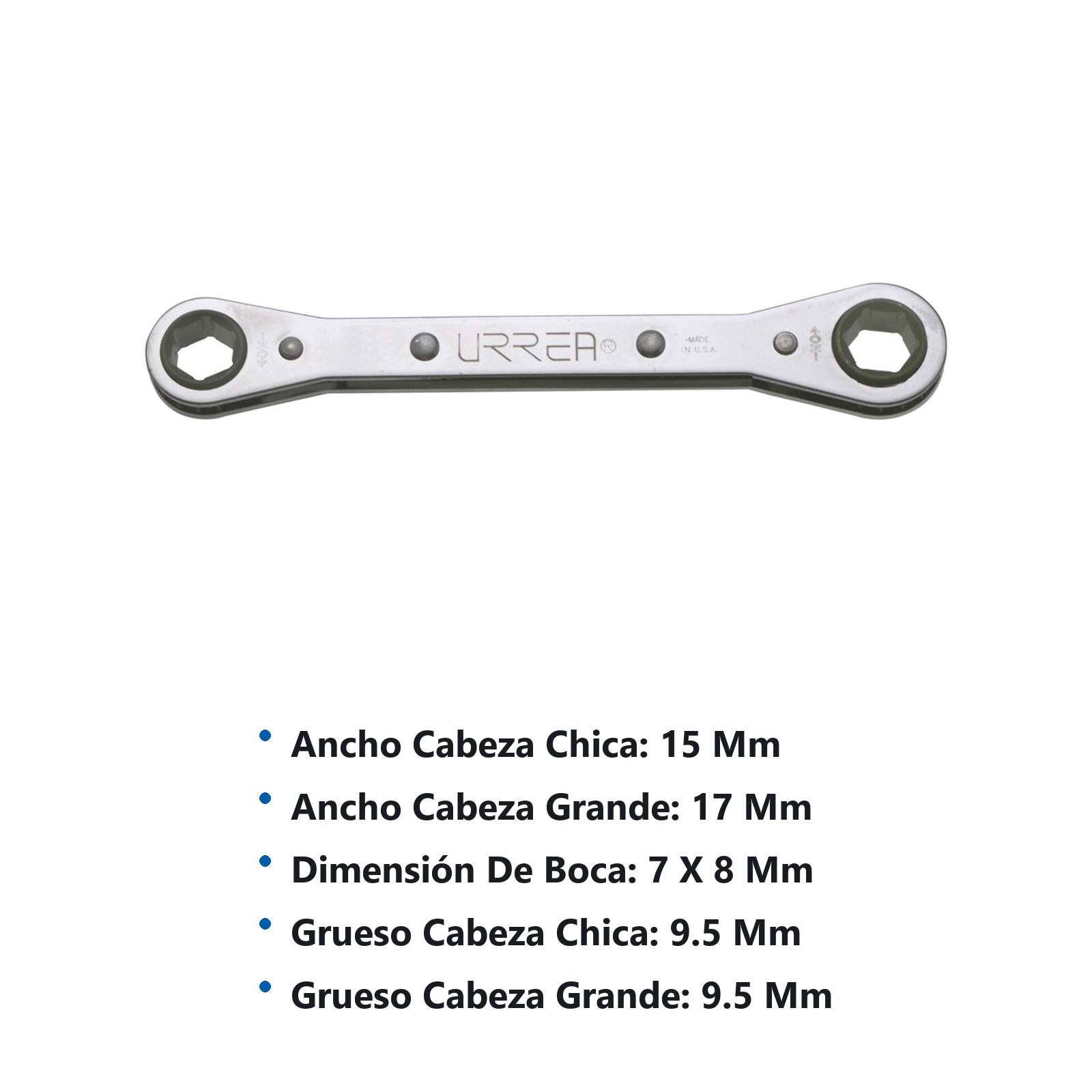 Llave de estrías pulido espejo plana de matraca métrica, 6 puntas, 7 x 8 mm Urrea - Imagen 3
