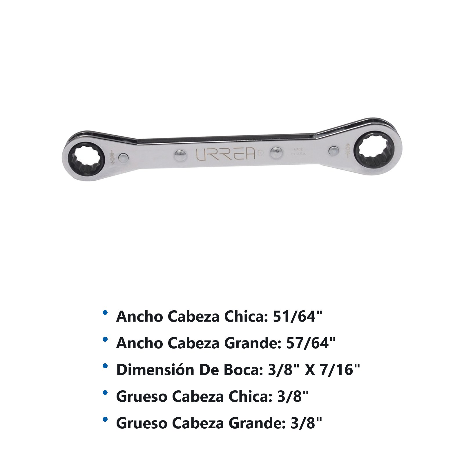 Llave de estrías pulido espejo plana de matraca en pulgadas, 12 puntas, 3/8" x 7/16" Urrea - Imagen 3