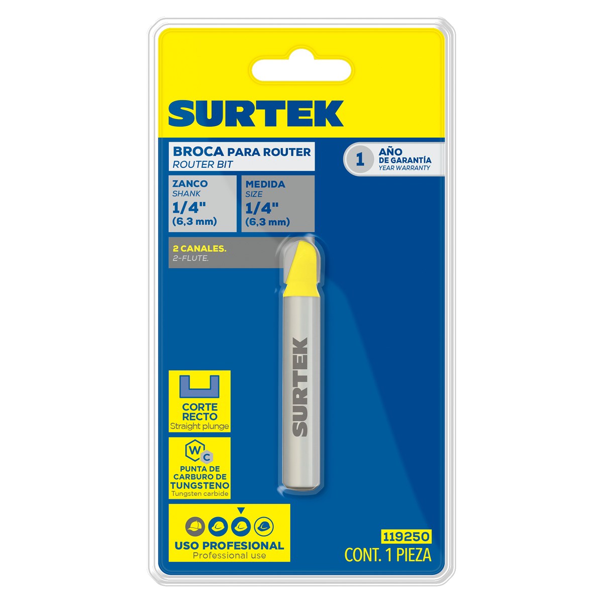 Broca para router de acero recta de 2 filos 3/4" zanco de 1/4" Surtek - Imagen 2