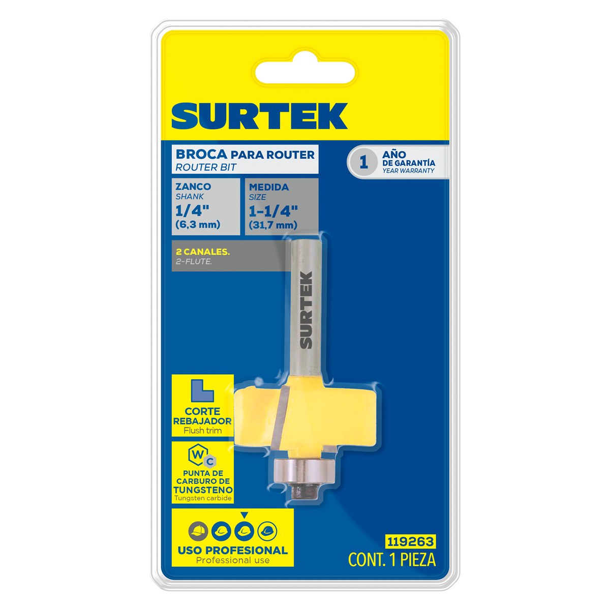 Broca para router de acero rebajadora con balero 1-1/4" zanco de 1/4" Surtek - Imagen 2