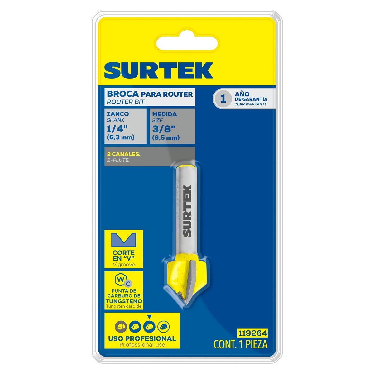 Broca para router de acero corte en "V" 3/8" zanco de 1/4" Surtek - Imagen 2