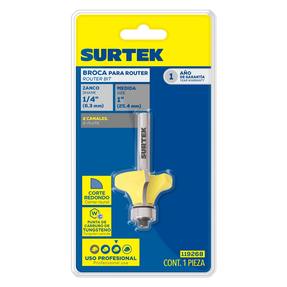 Broca para router de acero redondeadora con balero 1" zanco de 1/4" Surtek - Imagen 2
