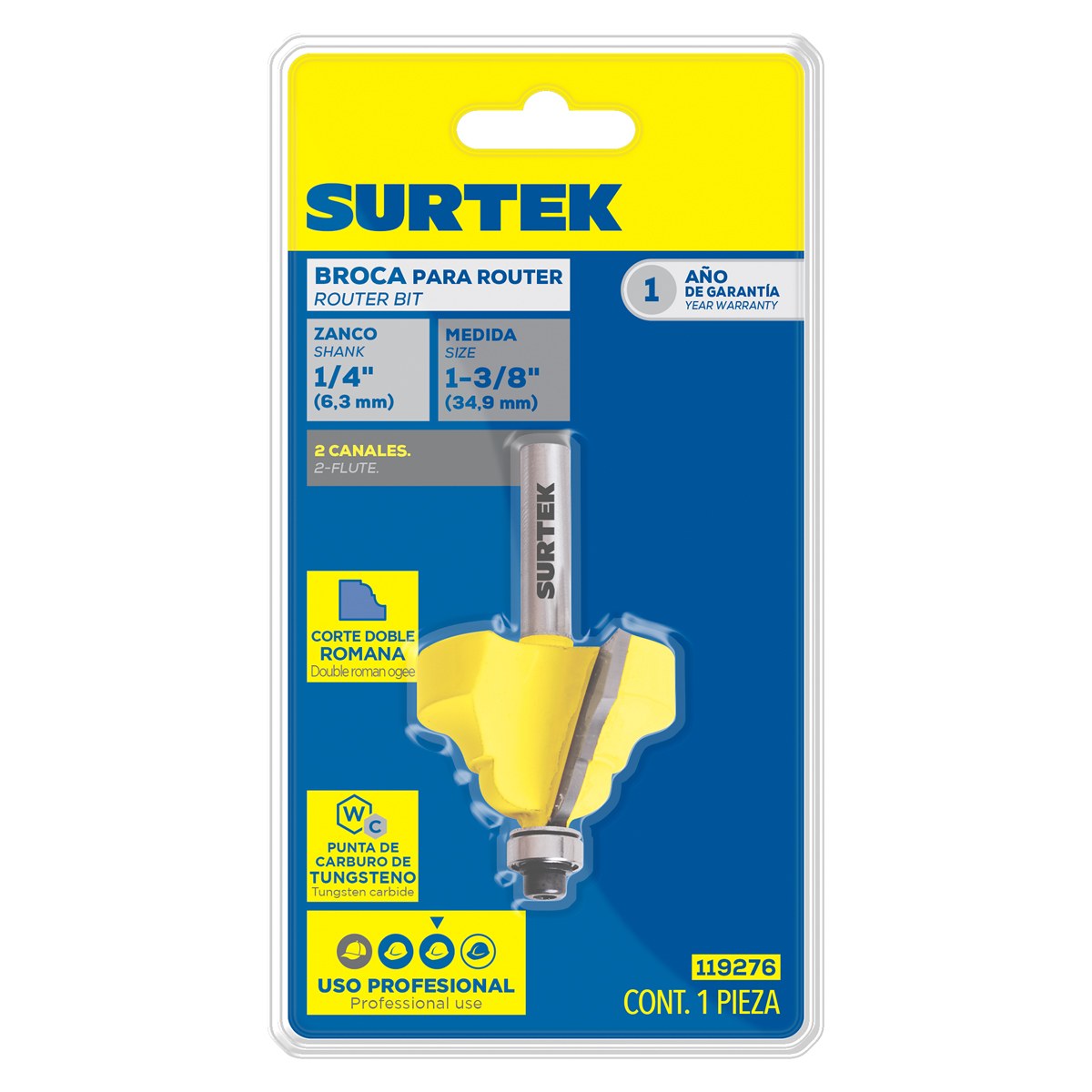 Broca para router de acero romana con balero 1-3/8" zanco de 1/4" Surtek - Imagen 2