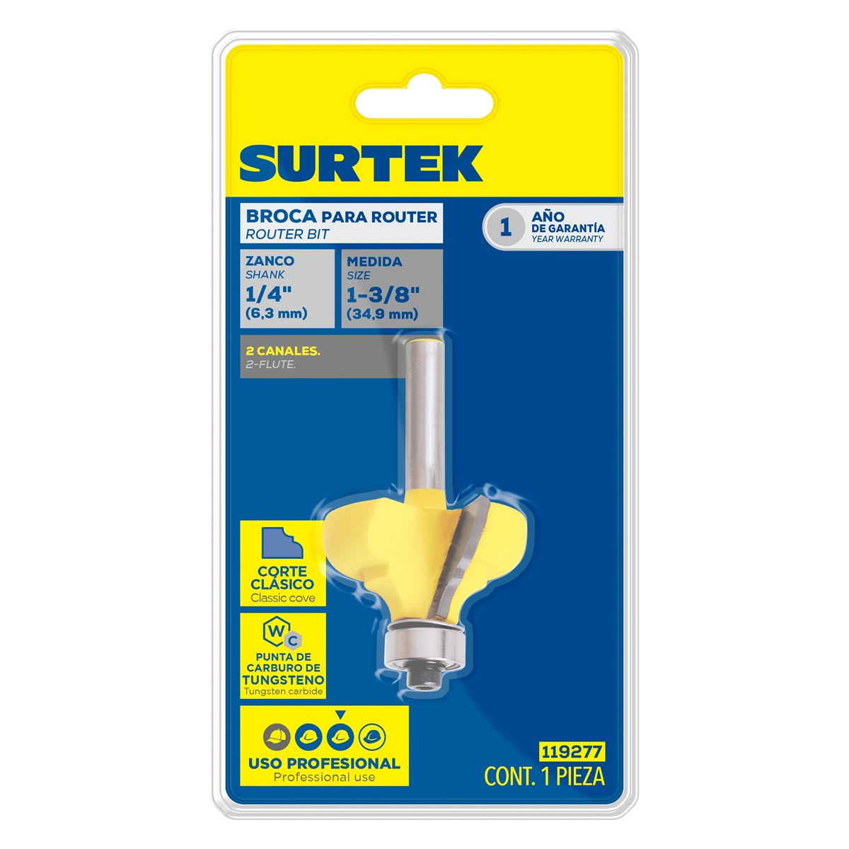 Broca para router de acero moldadura clásica con balero 1-3/8" zanco de 1/4" Surtek - Imagen 2