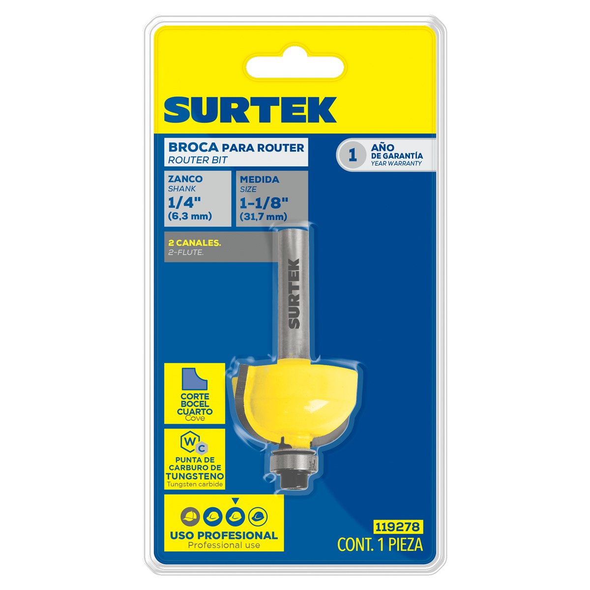 Broca para router de acero bocel cuarto con balero 1-1/8" zanco de 1/4" Surtek - Imagen 2