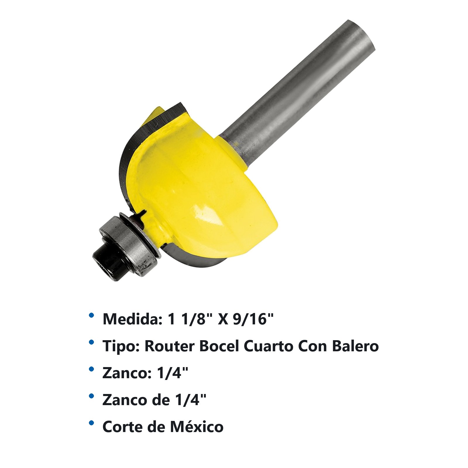 Broca para router de acero bocel cuarto con balero 1-1/8" zanco de 1/4" Surtek - Imagen 3