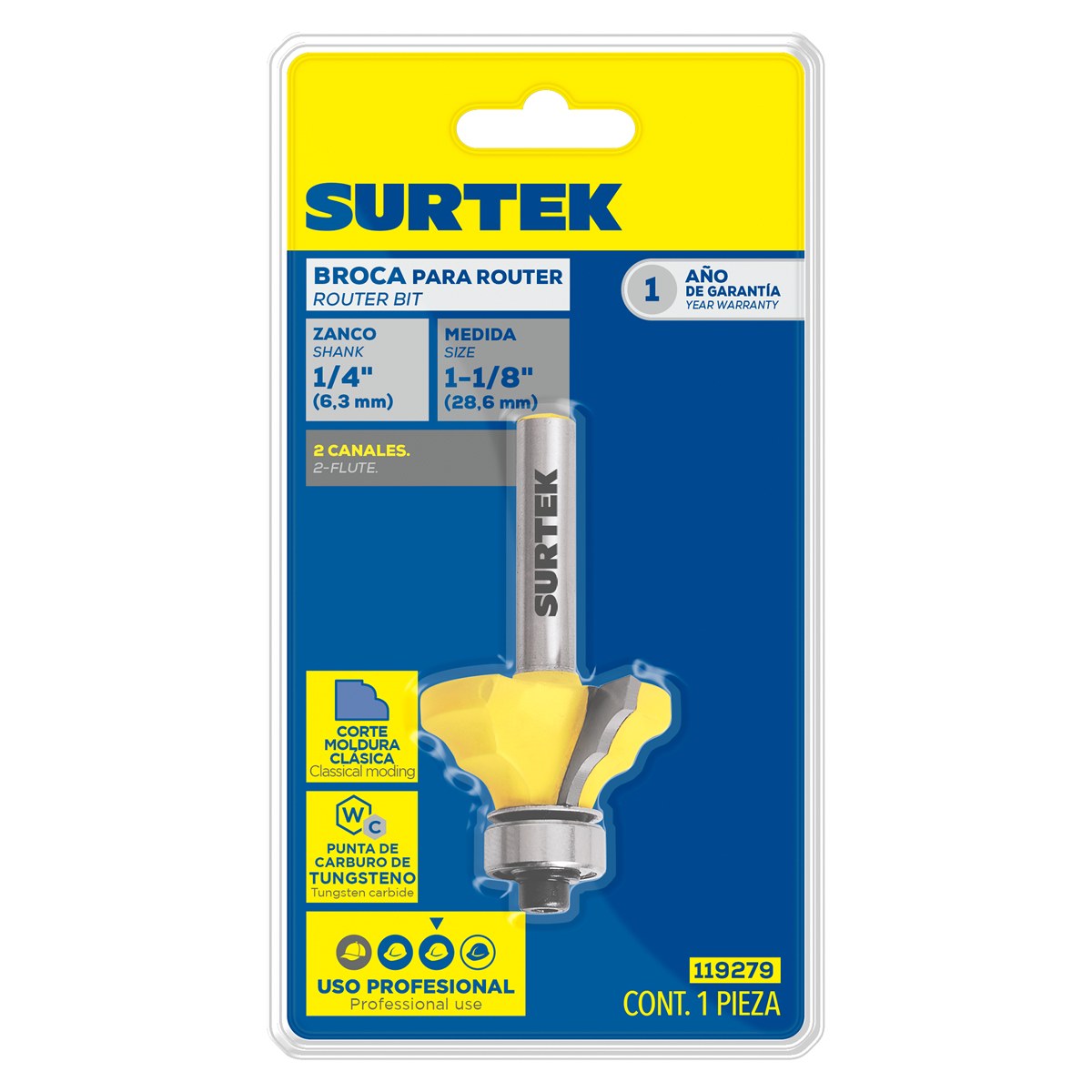 Broca para router de acero moldura clásica con balero 1-1/8" zanco de 1/4" Surtek - Imagen 2