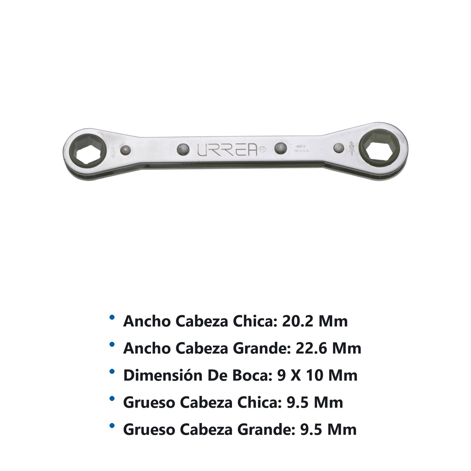 Llave de estrías pulido espejo plana de matraca métrica, 6 puntas, 9 x 10 mm Urrea - Imagen 3