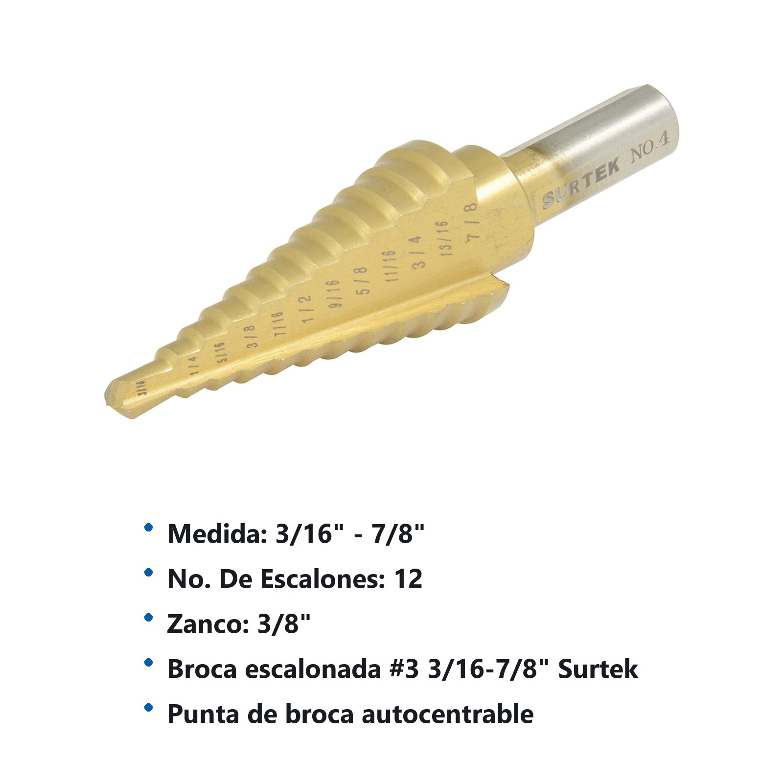 Broca escalonada de acero de alta velocidad #3, 3/16"- 7/8" Surtek - Imagen 2