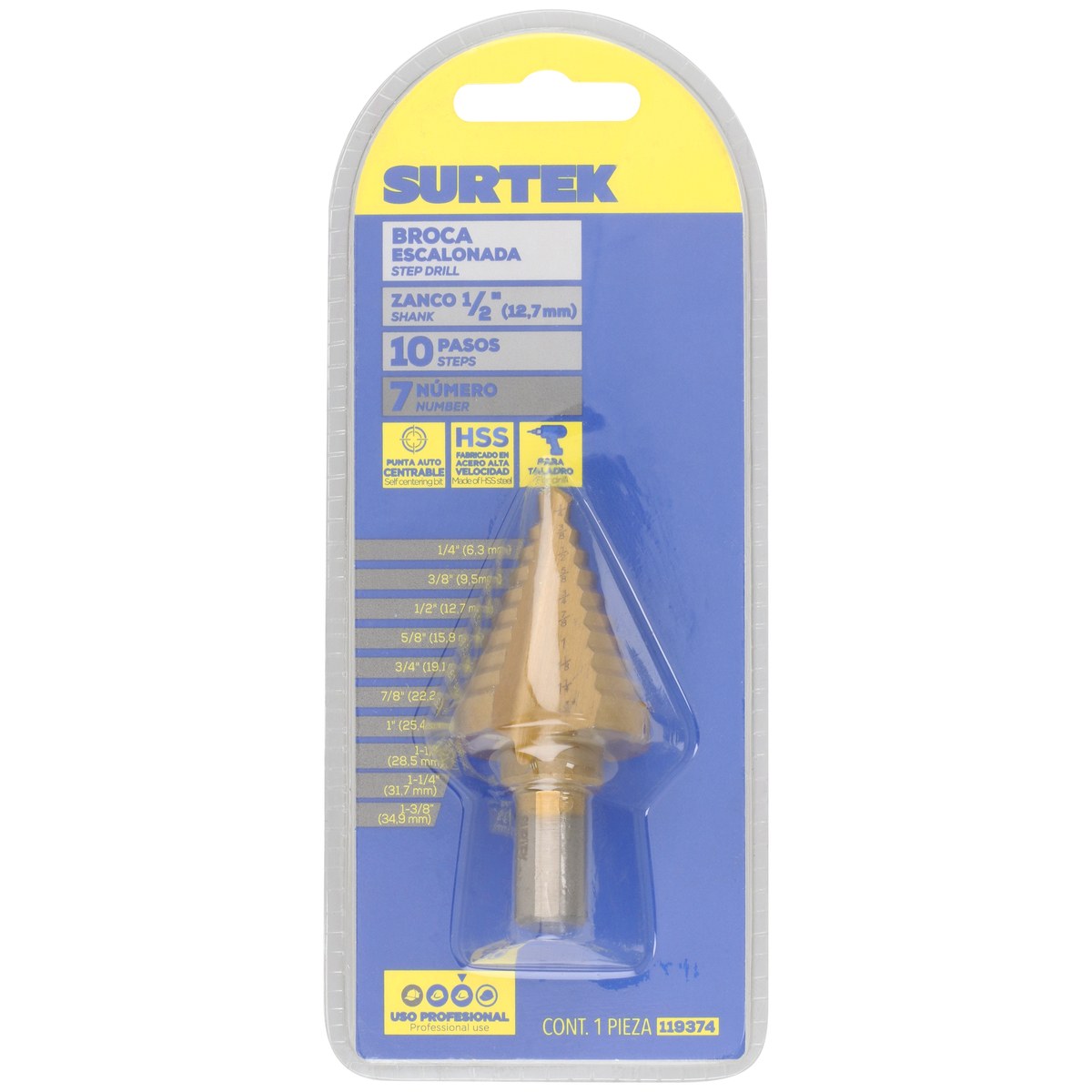 Broca escalonada de acero de alta velocidad #7, 1/4" - 1 3/8" Surtek - Imagen 3