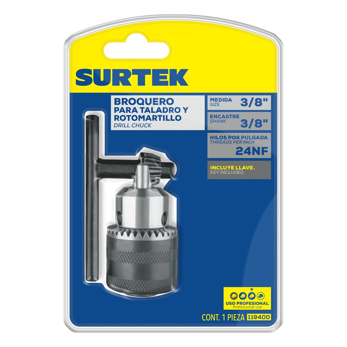 Broquero 3/8", rosca 3/8" - 24 NF con llave Surtek - Imagen 2