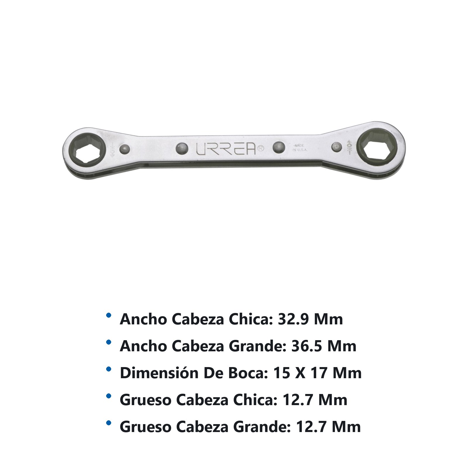 Llave de estrías pulido espejo plana de matraca métrica, 12 puntas, 15 x 17 mm Urrea - Imagen 3
