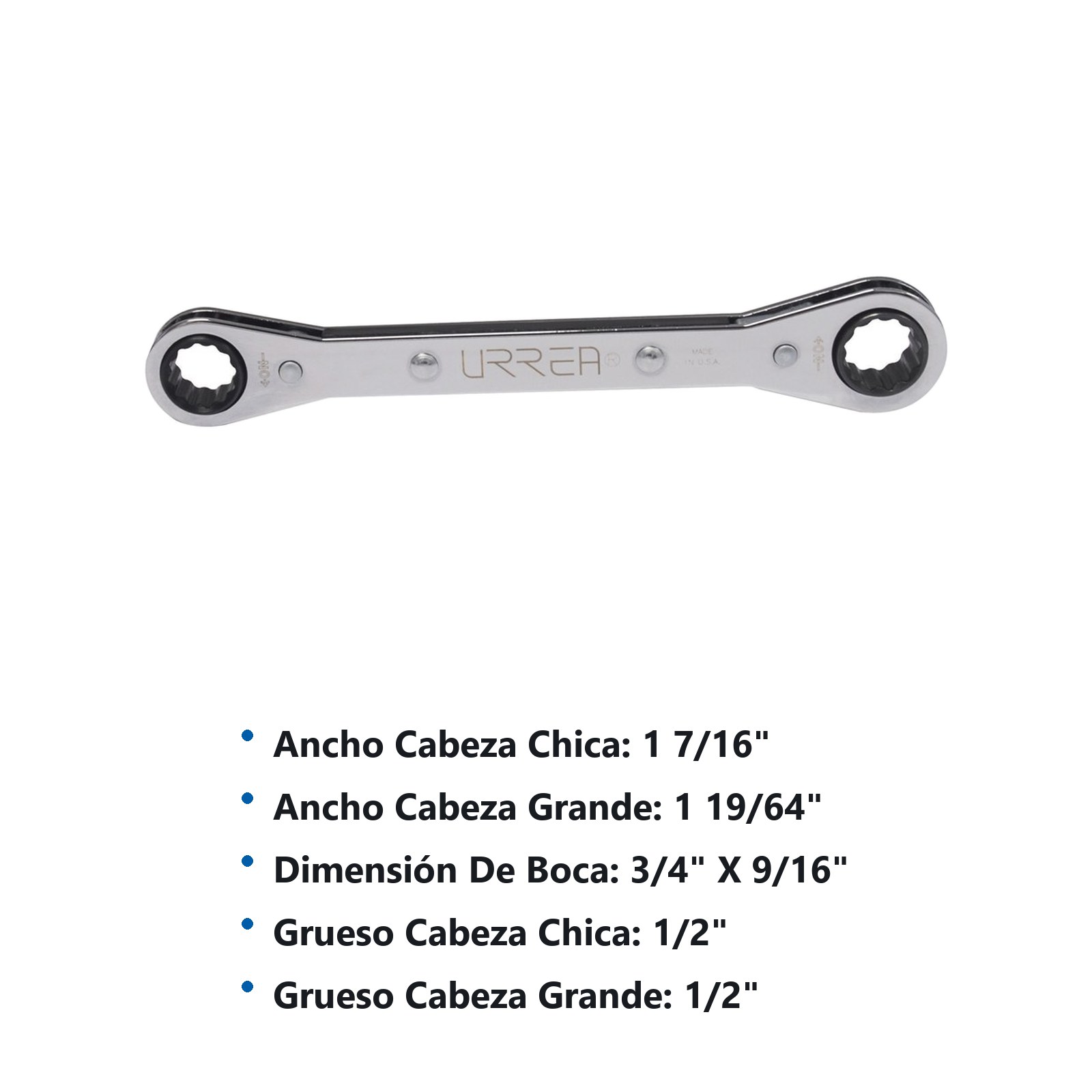 Llave de estrías pulido espejo plana de matraca en pulgadas, 12 puntas, 3/4" x 9/16" Urrea - Imagen 3