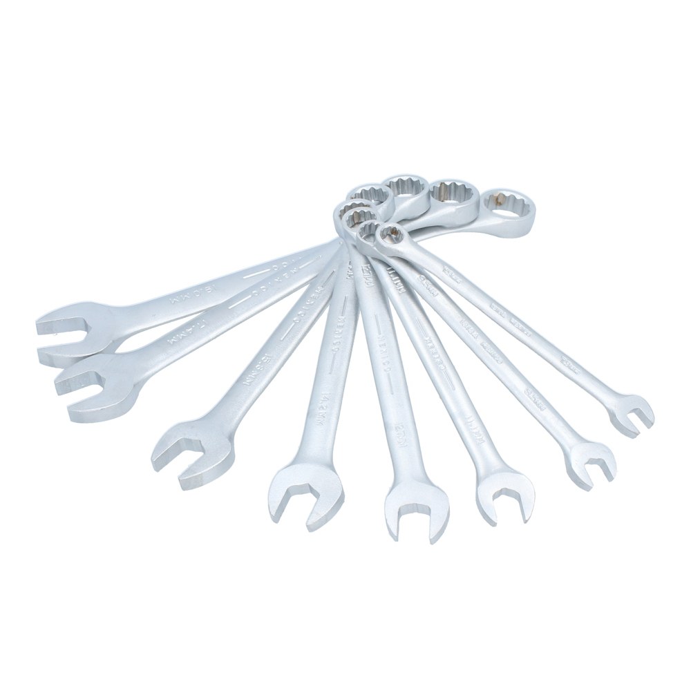 Juego de llaves combinadas satinadas métricas, 12 puntas, 8 piezas en rack Urrea