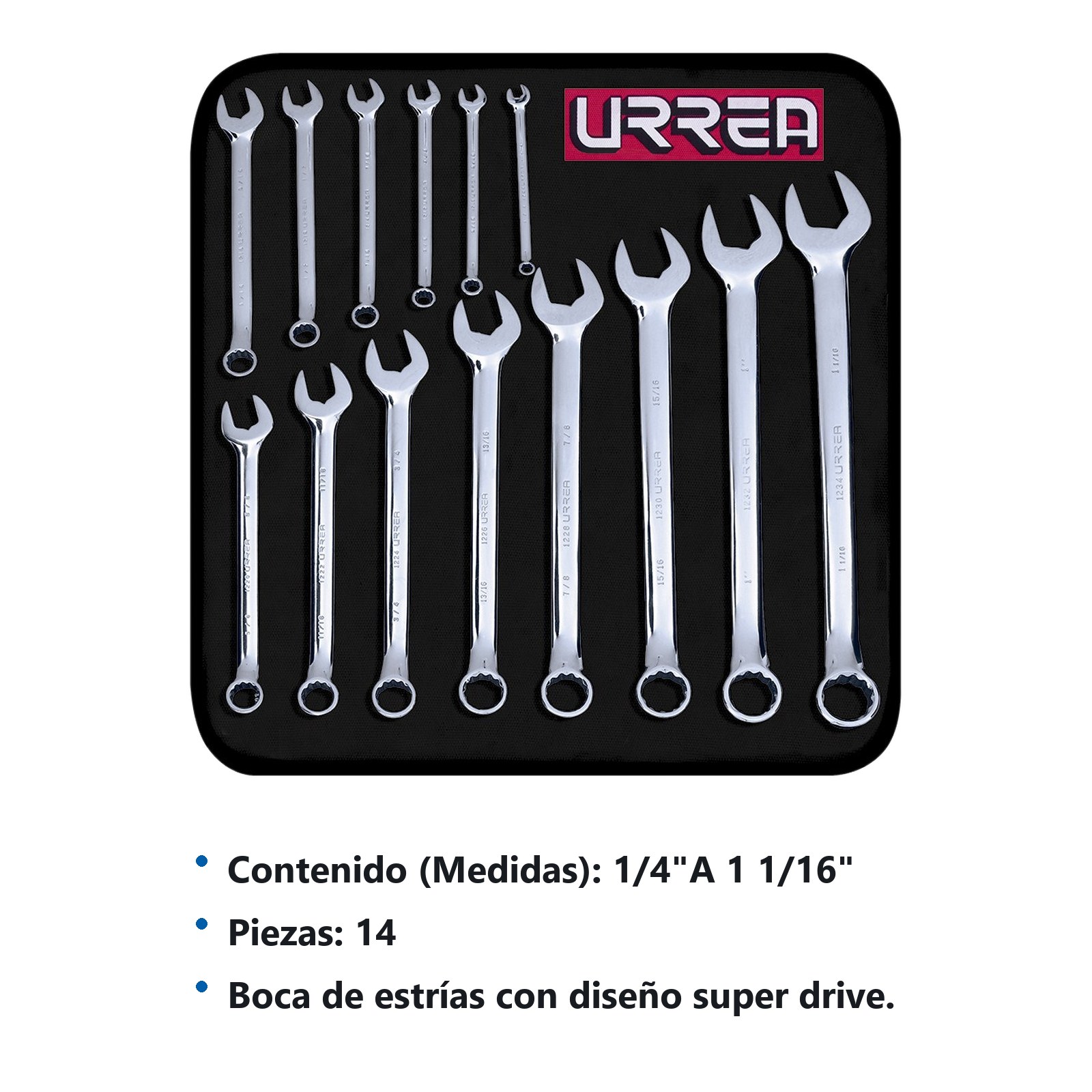 Juego de llaves combinadas pulido espejo en pulgadas, 12 puntas, 14 pz en estuche Urrea - Imagen 3