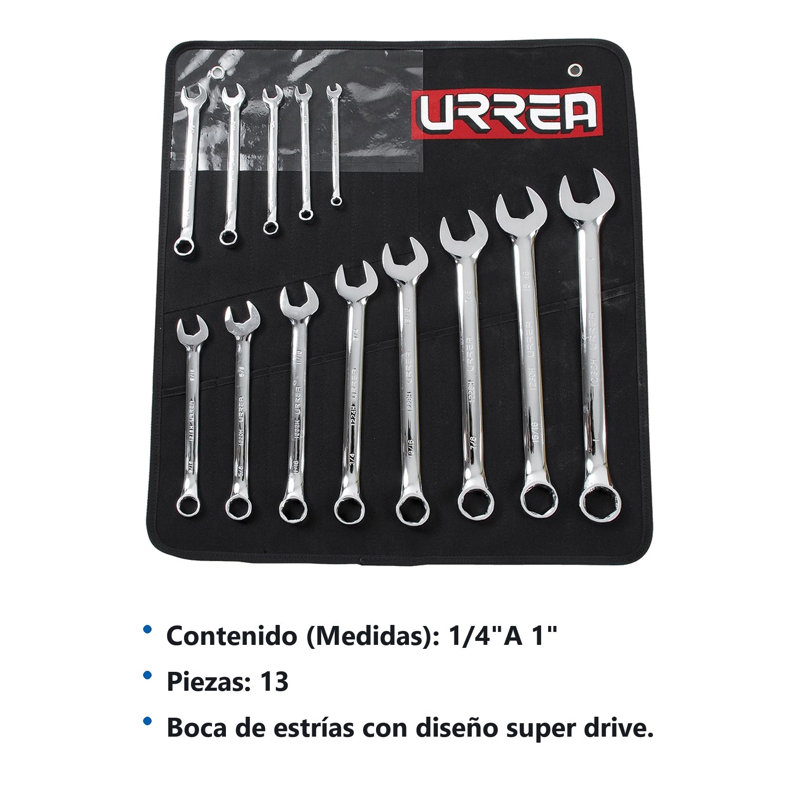 Juego de llaves combinadas pulido espejo en pulgadas, 6 puntas, 13 pz en estuche Urrea - Imagen 3