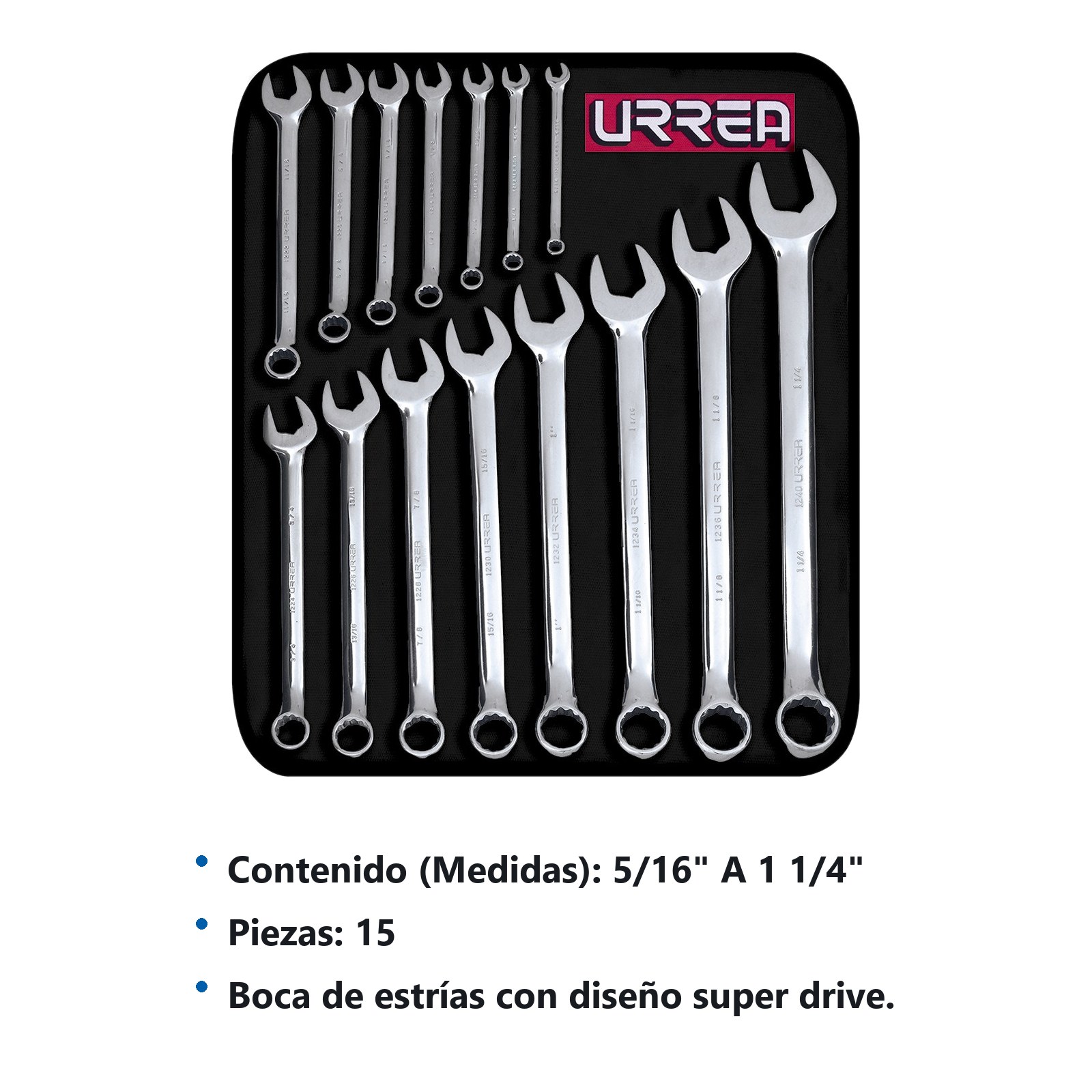Juego de llaves combinadas pulido espejo en pulgadas, 12 puntas, 15 pz en estuche Urrea - Imagen 3