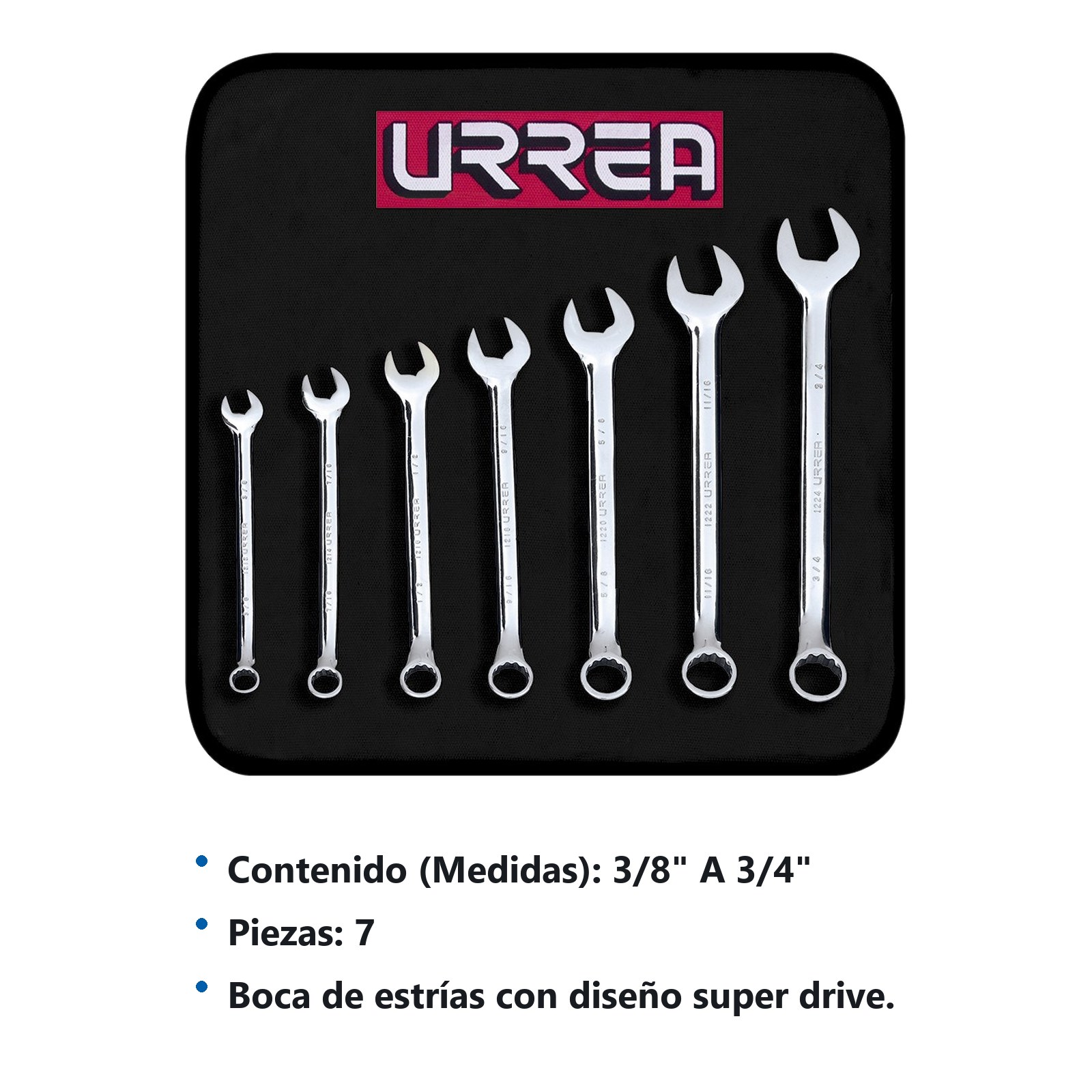 Juego de llaves combinadas pulido espejo en pulgadas, 12 puntas, 7 pz en estuche Urrea - Imagen 3
