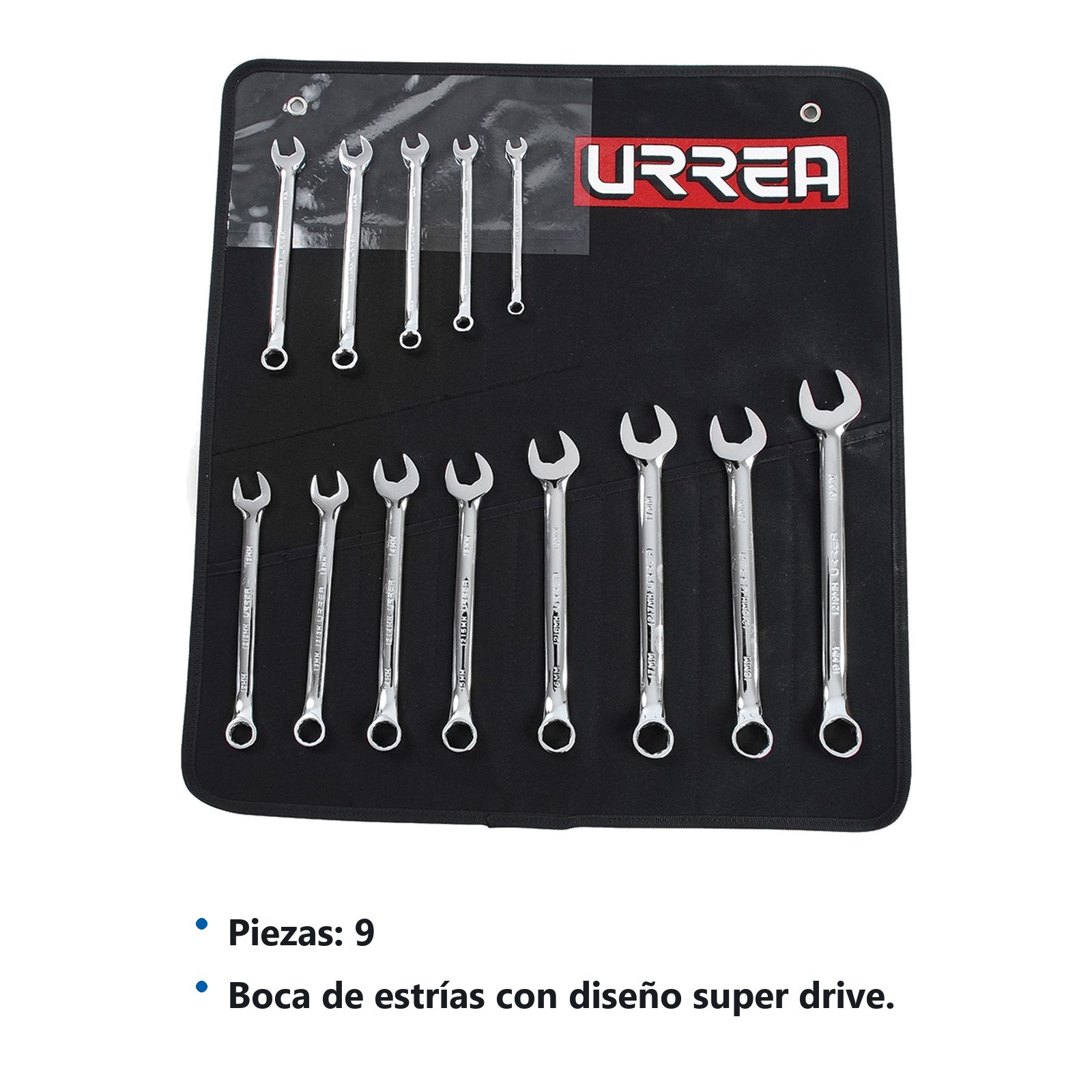 Juego de llaves combinadas pulido espejo métricas, 12 puntas, 9 piezas en estuche Urrea - Imagen 3
